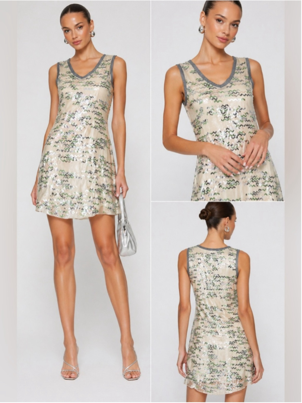 Silk Sequin Mini Dress Ivory Green Abstract Embellished Shift